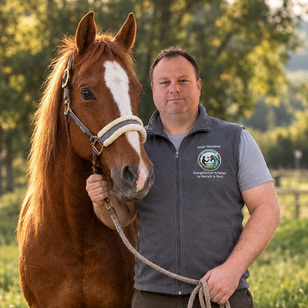 Josef Stemmer mit einem Pferd auf der Weide im Altmühltal