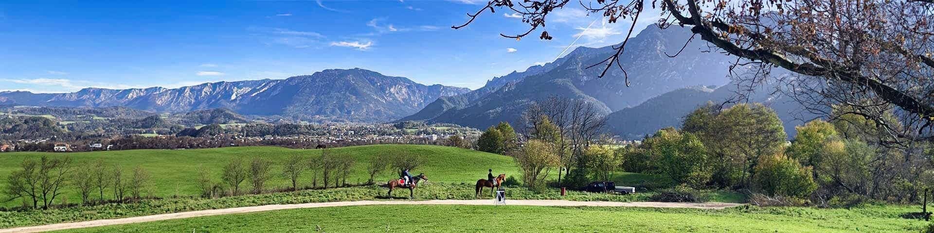 Energetische Arbeit für Reiter & Pferd Zwei Reiter auf einem grünen Feld mit malerischem Blick auf eine Berglandschaft unter klarem blauen Himmel in den Alpen.