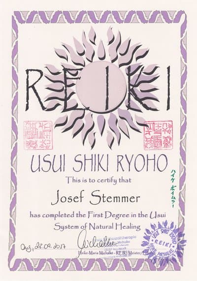 Reiki-Zertifikat zum Abschluss des ersten Grades im Usui-System der natürlichen Heilung.