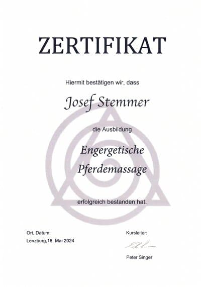 Zertifikat - Abschluss der Ausbildung in Energetischer Pferdemassage.