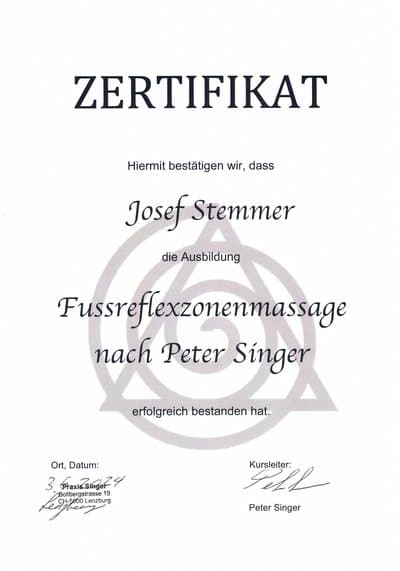 Abschluss der Ausbildung in Fußreflexzonenmassage.