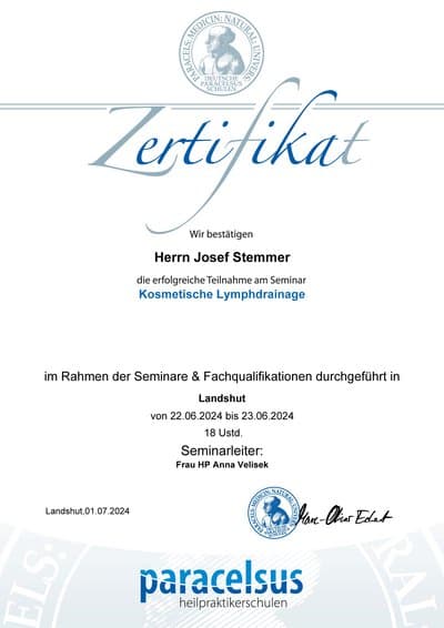 Teilnahme am Seminar "Kosmetische Lymphdrainage".