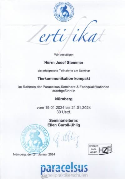 Teilnahme am Seminar "Tierkommunikation kompakt".